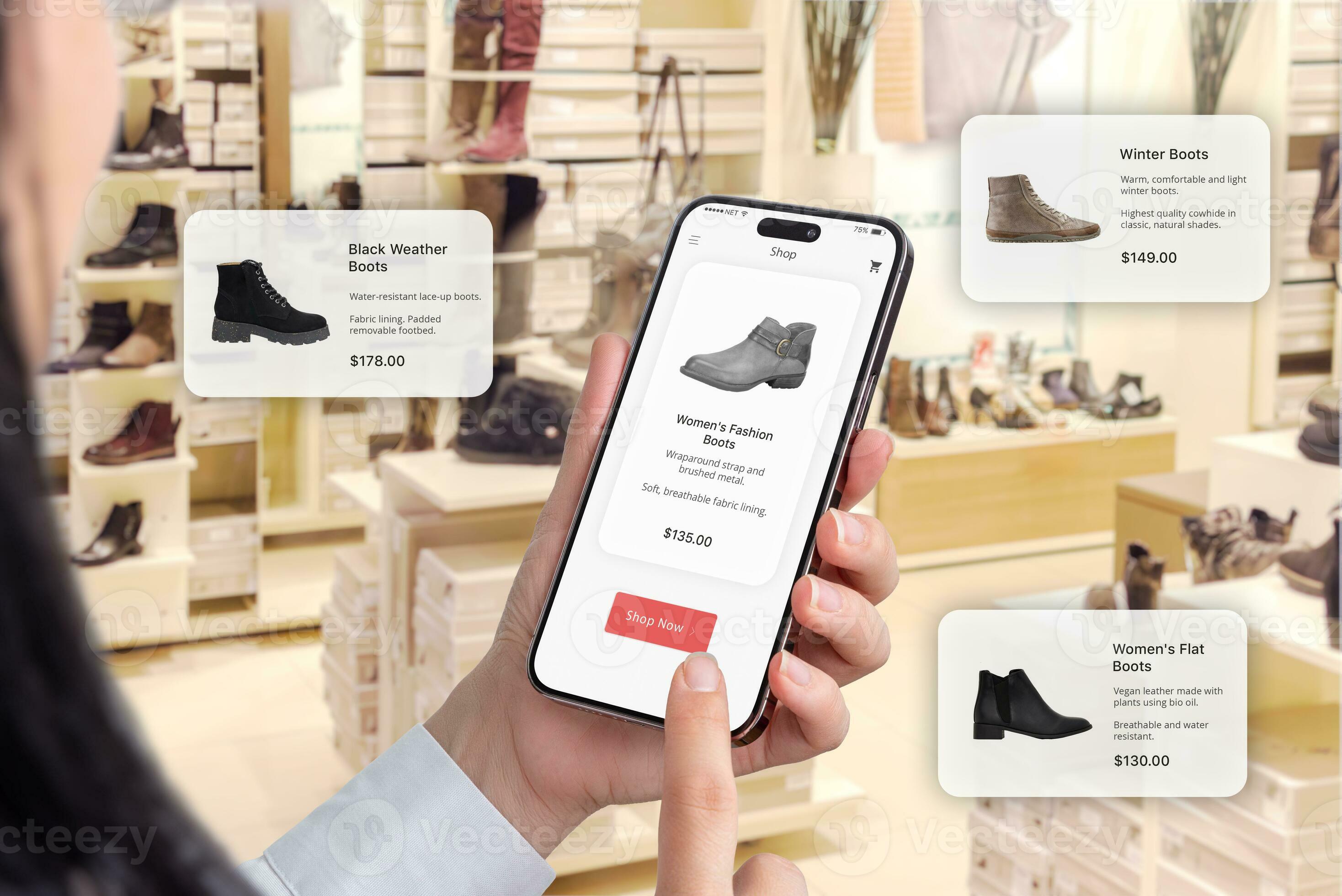 Trendy footwear in a shoe shop. Online app on a smartphone with a