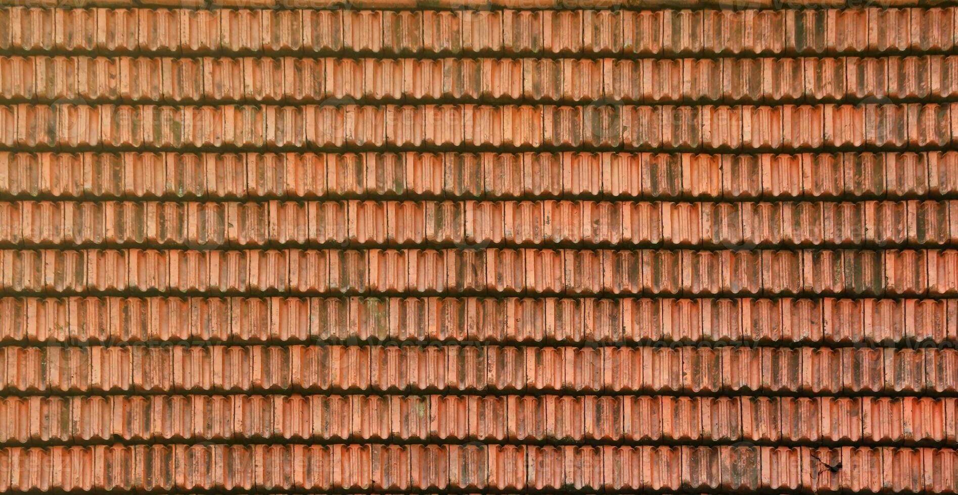 Close up of red terracotta roof shingles with some mildew. Background texture of roofing material photo