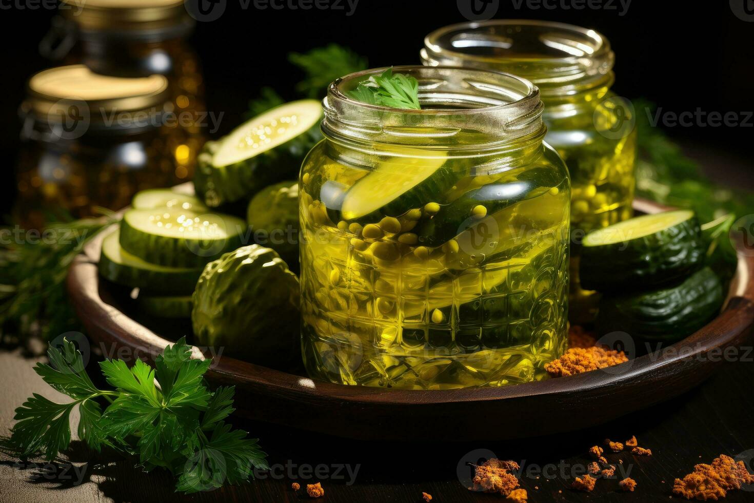 photos of pickled cucumbers in indoor kitchen table photo studio AI Generated