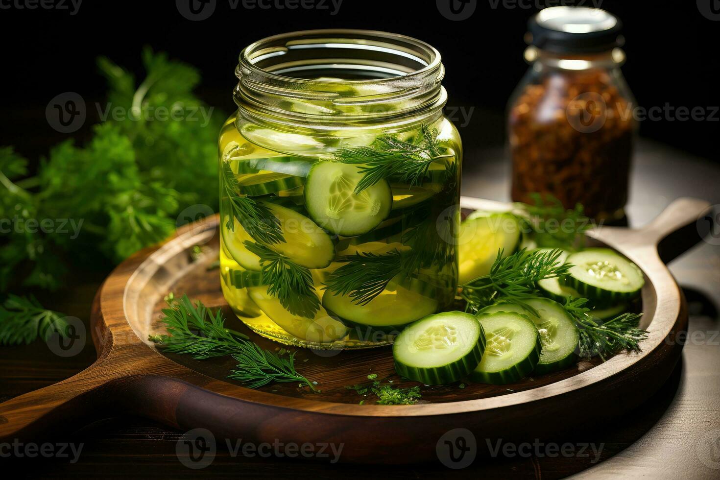 photos of pickled cucumbers in indoor kitchen table photo studio AI Generated