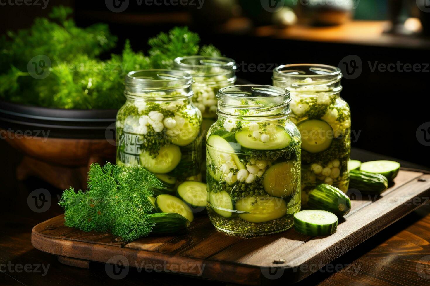 photos of pickled cucumbers in indoor kitchen table photo studio AI Generated