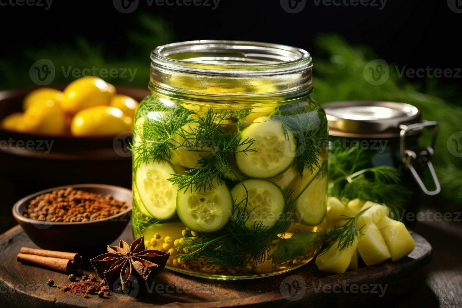 photos of pickled cucumbers in indoor kitchen table photo studio AI Generated