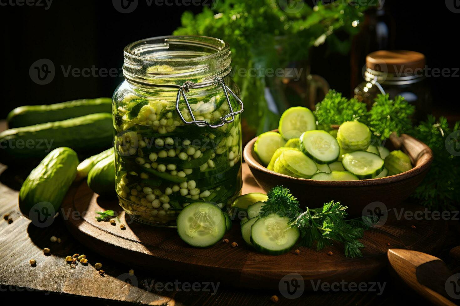 photos of pickled cucumbers in indoor kitchen table photo studio AI Generated