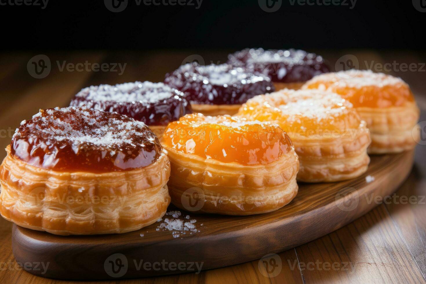 photos of tarts in indoor kitchen table photo studio AI Generated