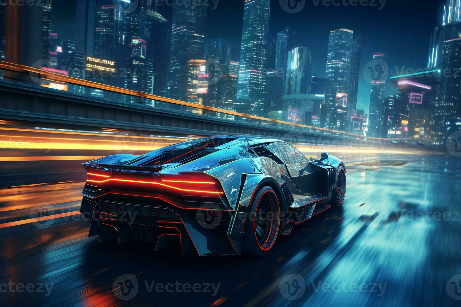 Future cars in a cyberpunk city with sparkling neon lights AI generative photo
