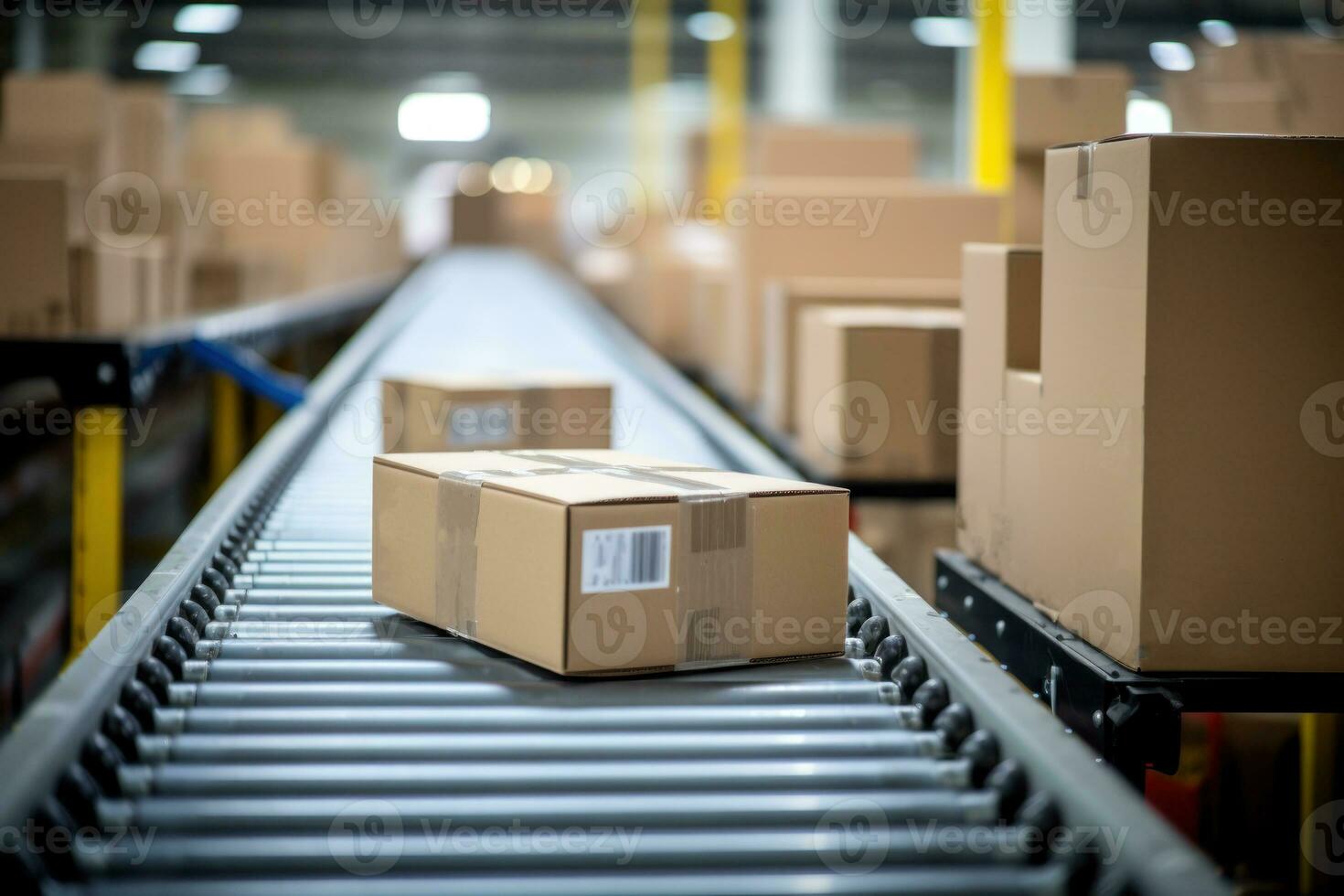 parcel box packages moving along a conveyor belt in a warehouse for e-commerce, delivery, automation, and products. Generative ai photo