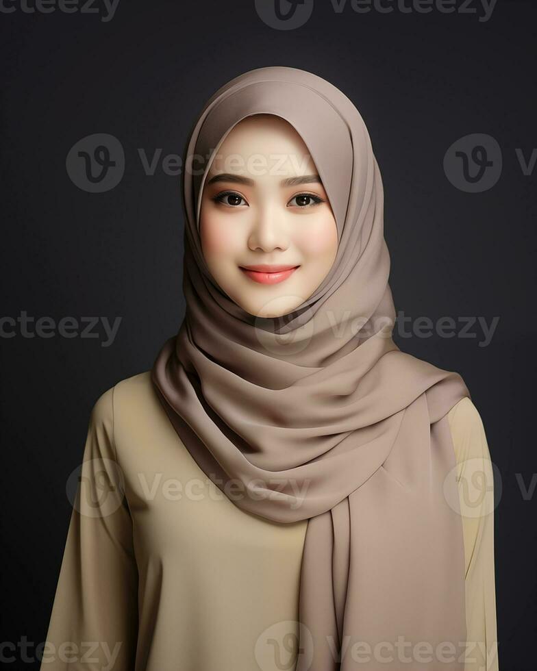 Beautiful asian girl wearing long hijab standing in plain background AI generative photo