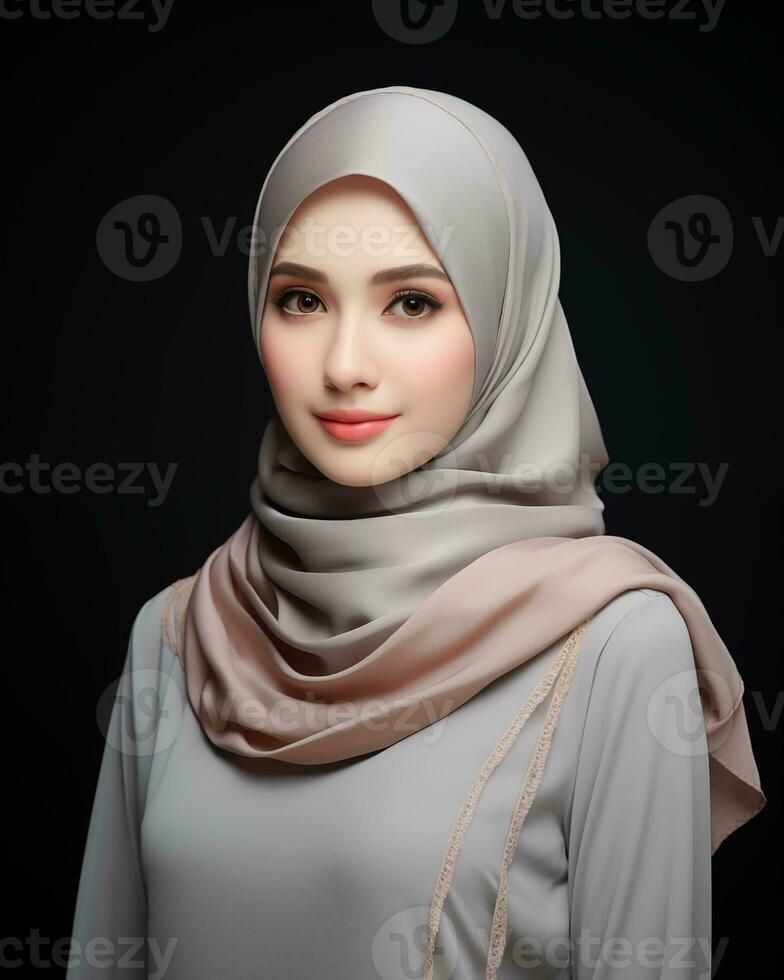 Beautiful asian girl wearing long hijab standing in plain background AI generative photo