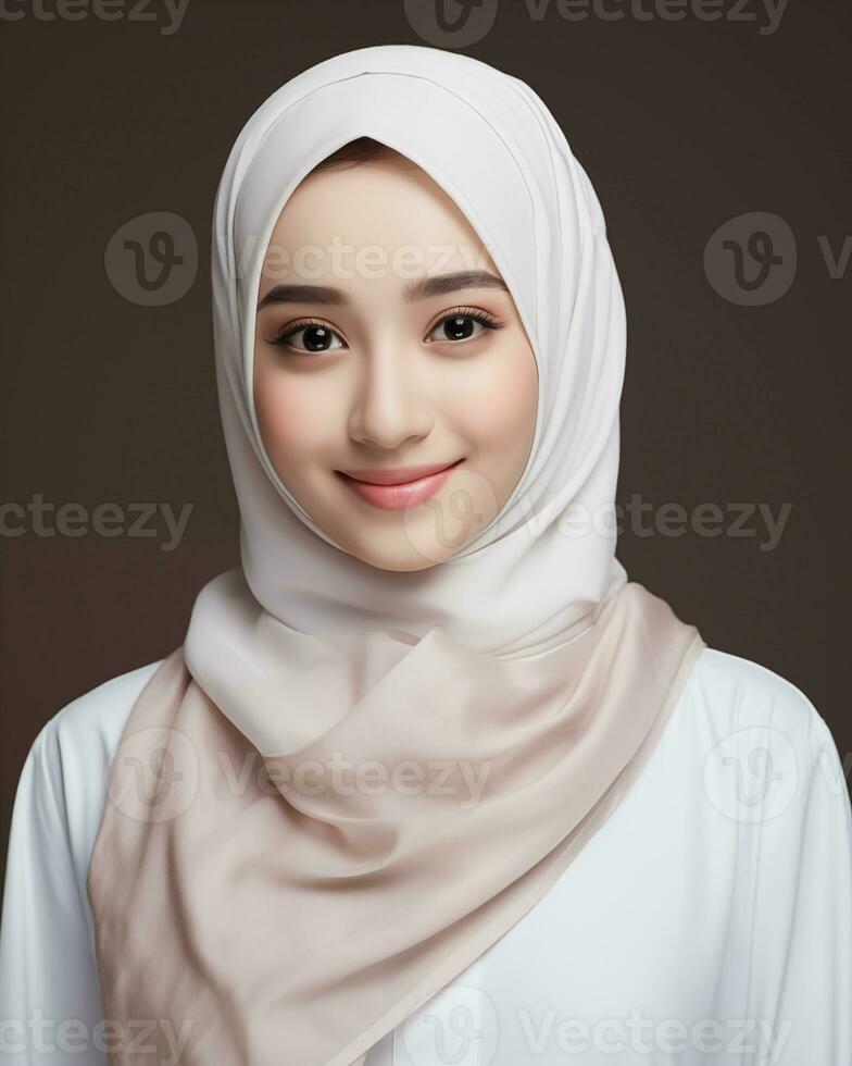 Beautiful asian girl wearing long hijab standing in plain background AI generative photo