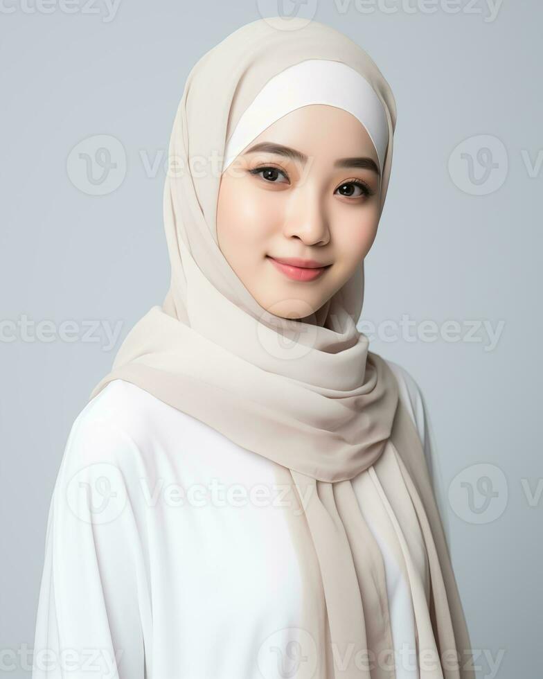 Beautiful asian girl wearing long hijab standing in plain background AI generative photo
