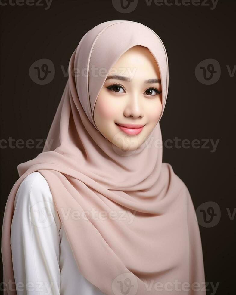 Beautiful asian girl wearing long hijab standing in plain background AI generative photo
