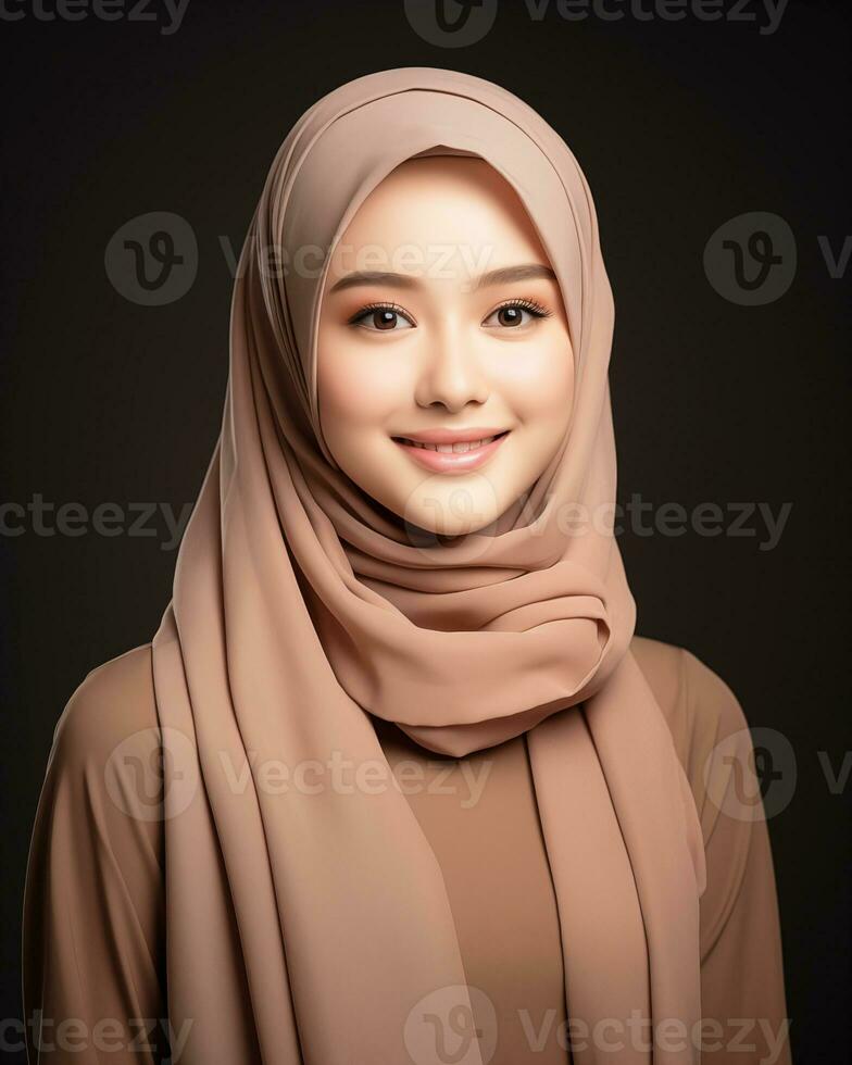 Beautiful asian girl wearing long hijab standing in plain background AI generative photo