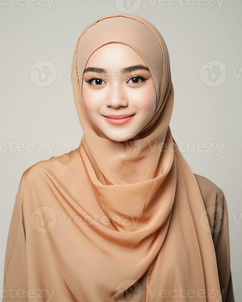 Beautiful asian girl wearing long hijab standing in plain background AI generative photo