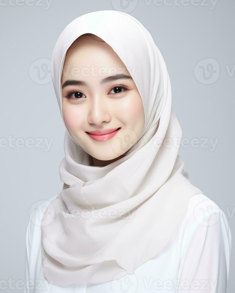 Beautiful asian girl wearing long hijab standing in plain background AI generative photo