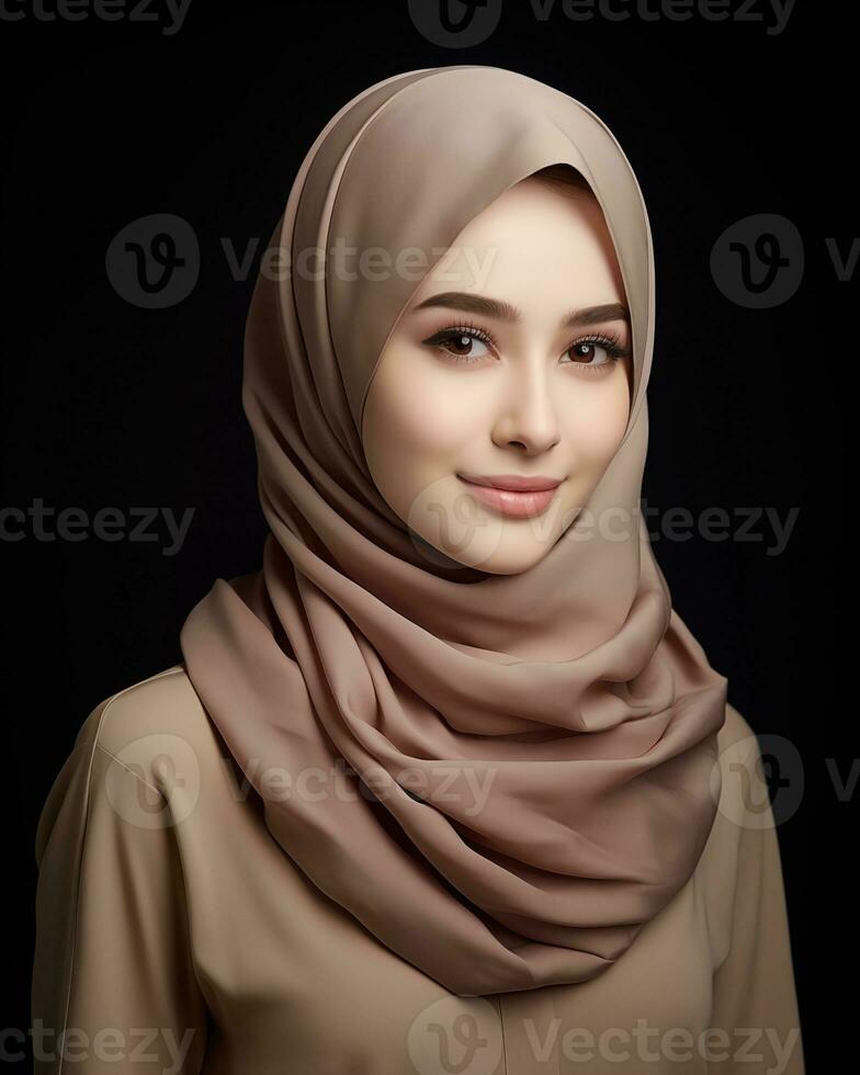 Beautiful asian girl wearing long hijab standing in plain background AI generative photo