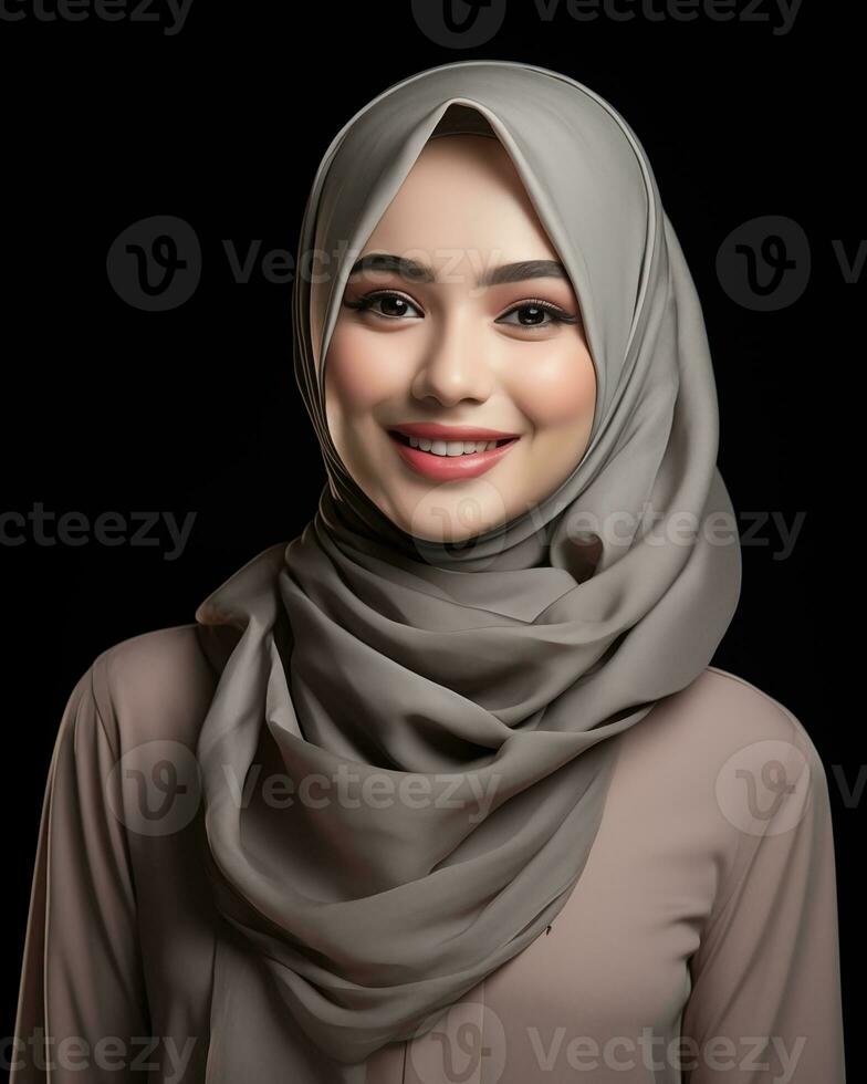 Beautiful asian girl wearing long hijab standing in plain background AI generative photo