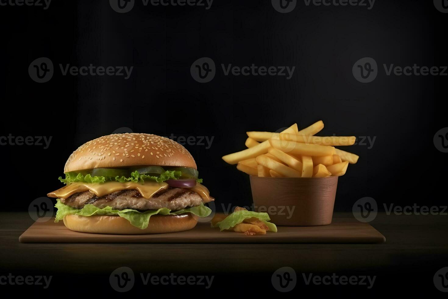 Craft beef burger and french fries on wooden table isolated on black background. Neural network AI generated photo