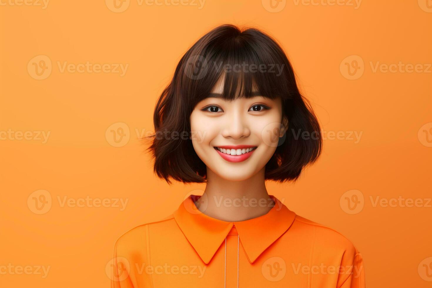Beautiful and cheerful asian girl standing in front of isolated plain background AI generative photo
