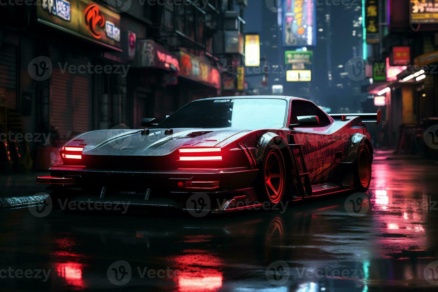 Future cars in a cyberpunk city with sparkling neon lights AI generative photo