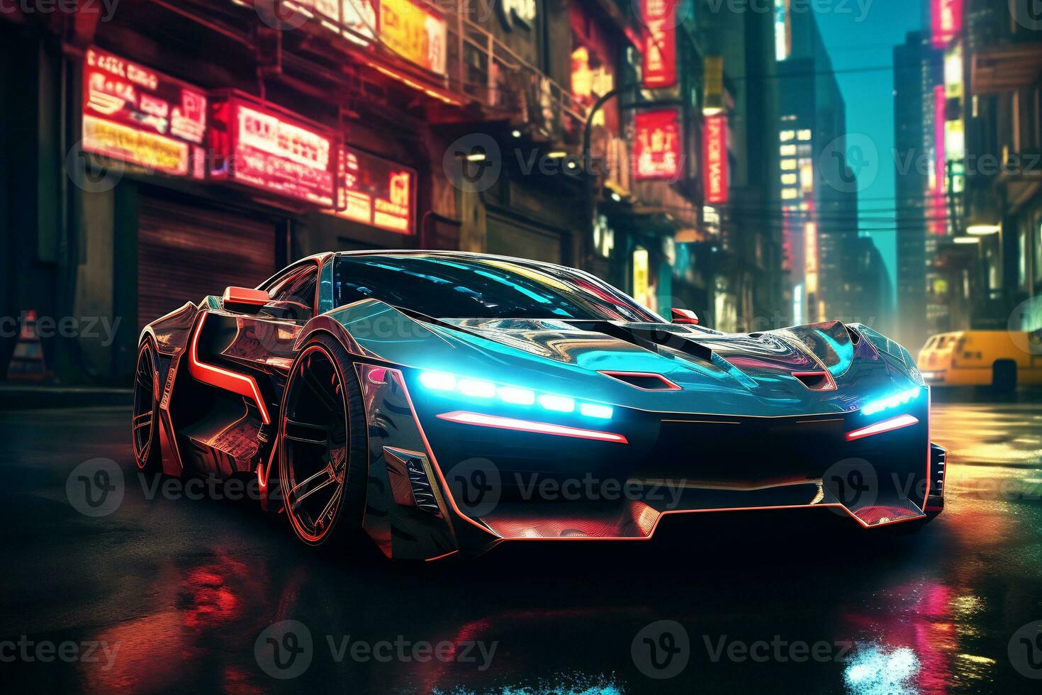 Future cars in a cyberpunk city with sparkling neon lights AI generative photo