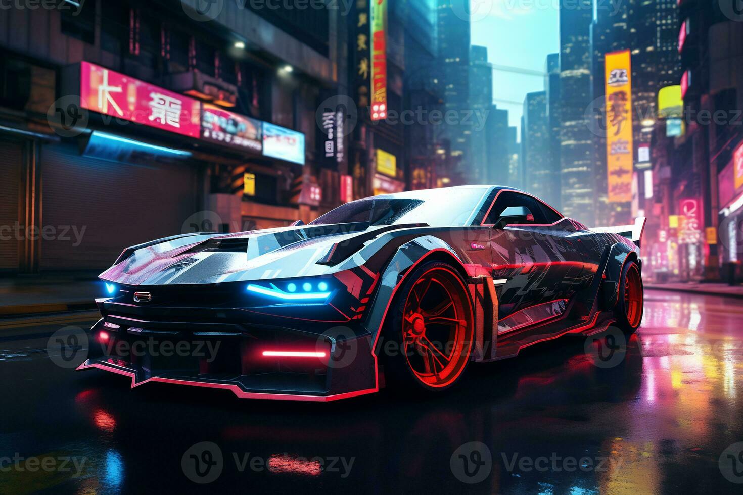 Future cars in a cyberpunk city with sparkling neon lights AI generative photo