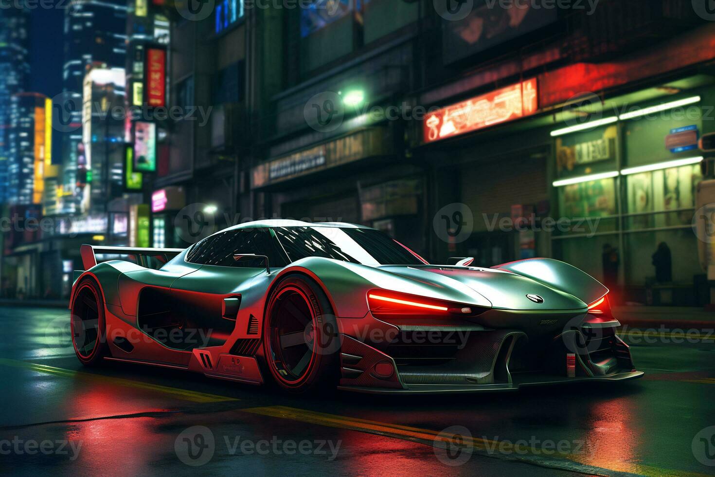 Future cars in a cyberpunk city with sparkling neon lights AI generative photo