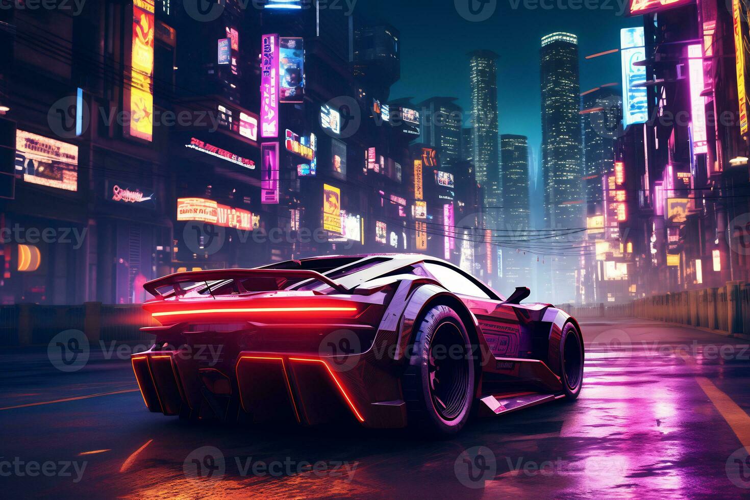 Future cars in a cyberpunk city with sparkling neon lights AI generative photo