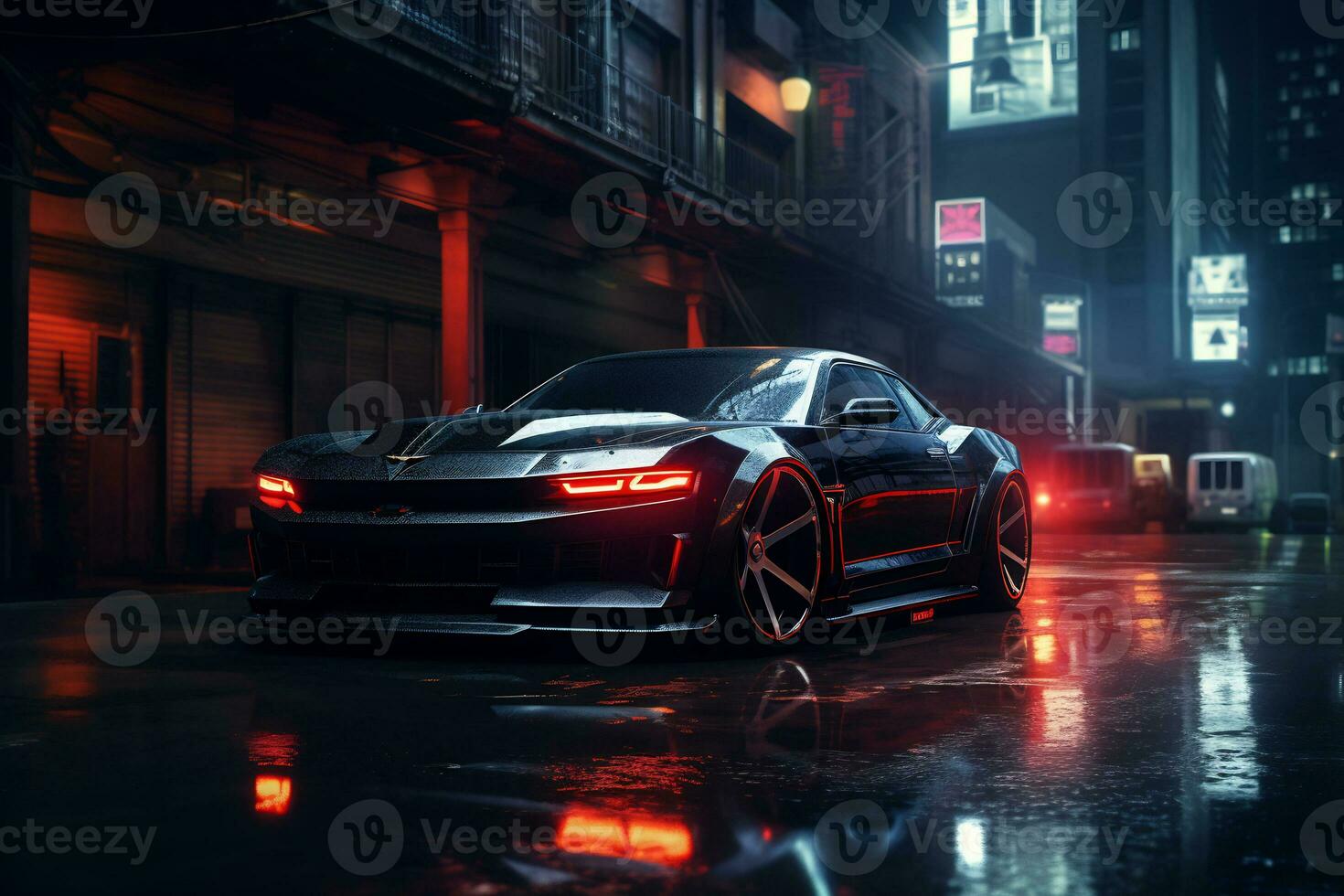 Future cars in a cyberpunk city with sparkling neon lights AI generative photo