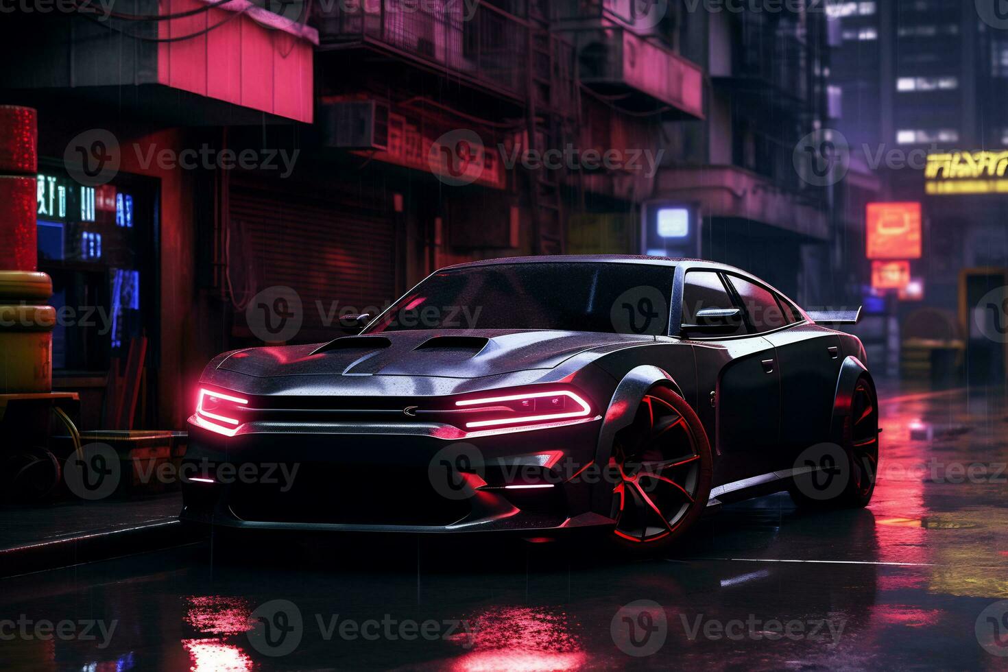 Future cars in a cyberpunk city with sparkling neon lights AI generative photo