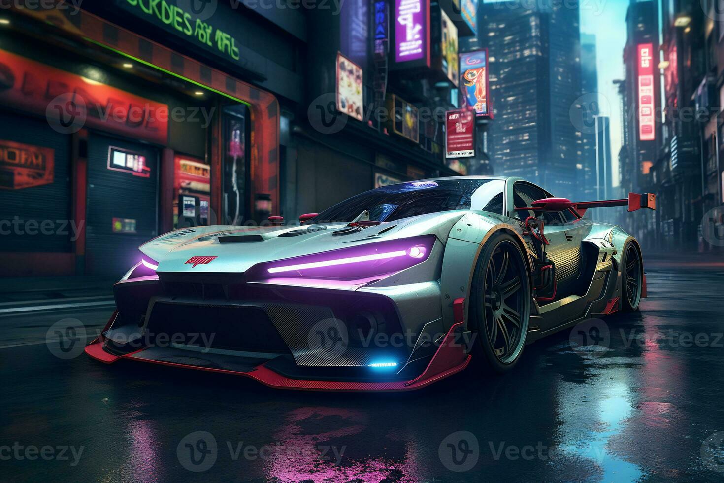 Future cars in a cyberpunk city with sparkling neon lights AI generative photo