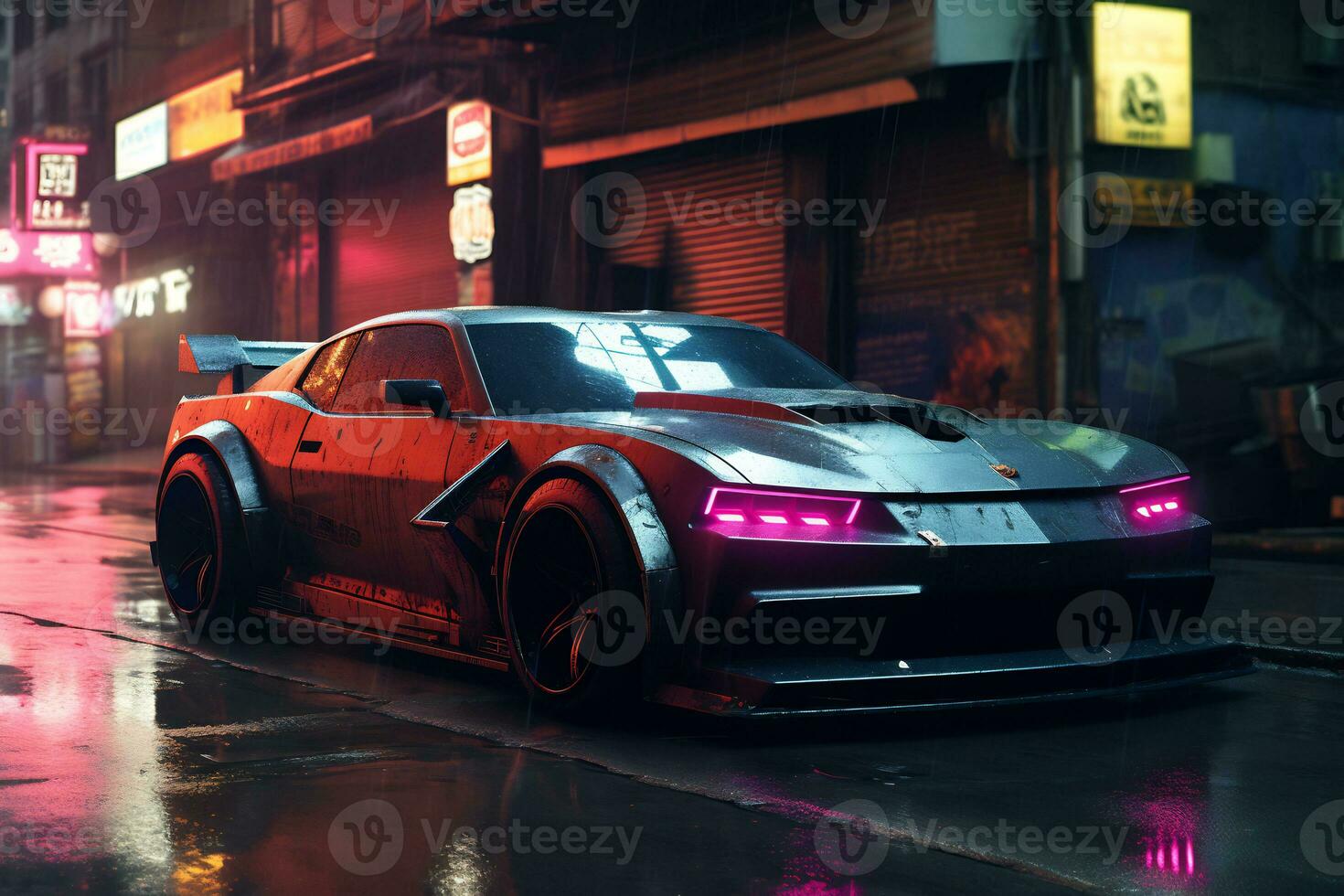 Future cars in a cyberpunk city with sparkling neon lights AI generative photo