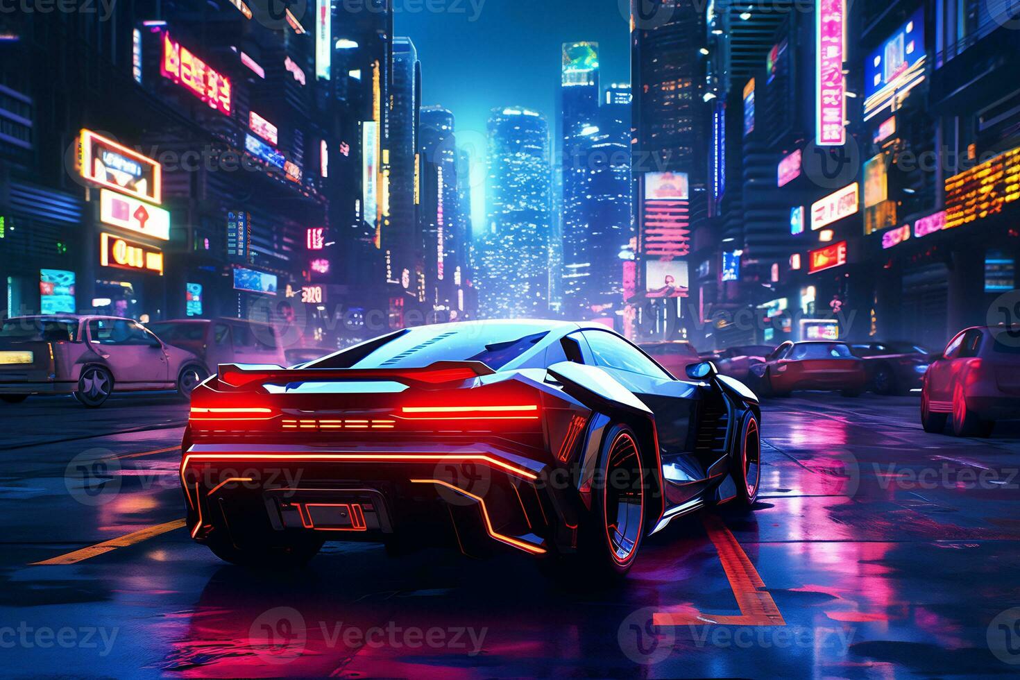 Future cars in a cyberpunk city with sparkling neon lights AI generative photo