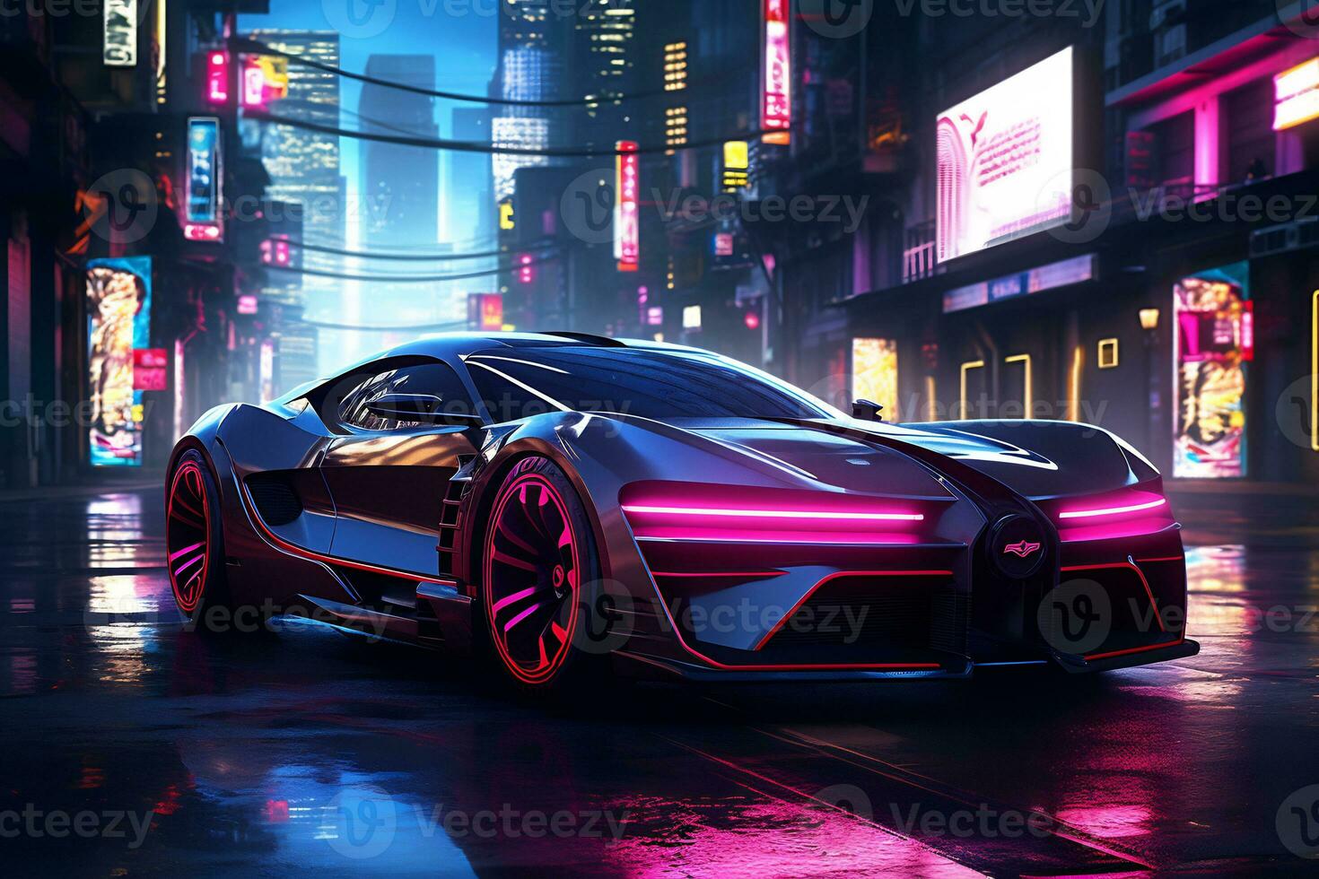 Future cars in a cyberpunk city with sparkling neon lights AI generative photo