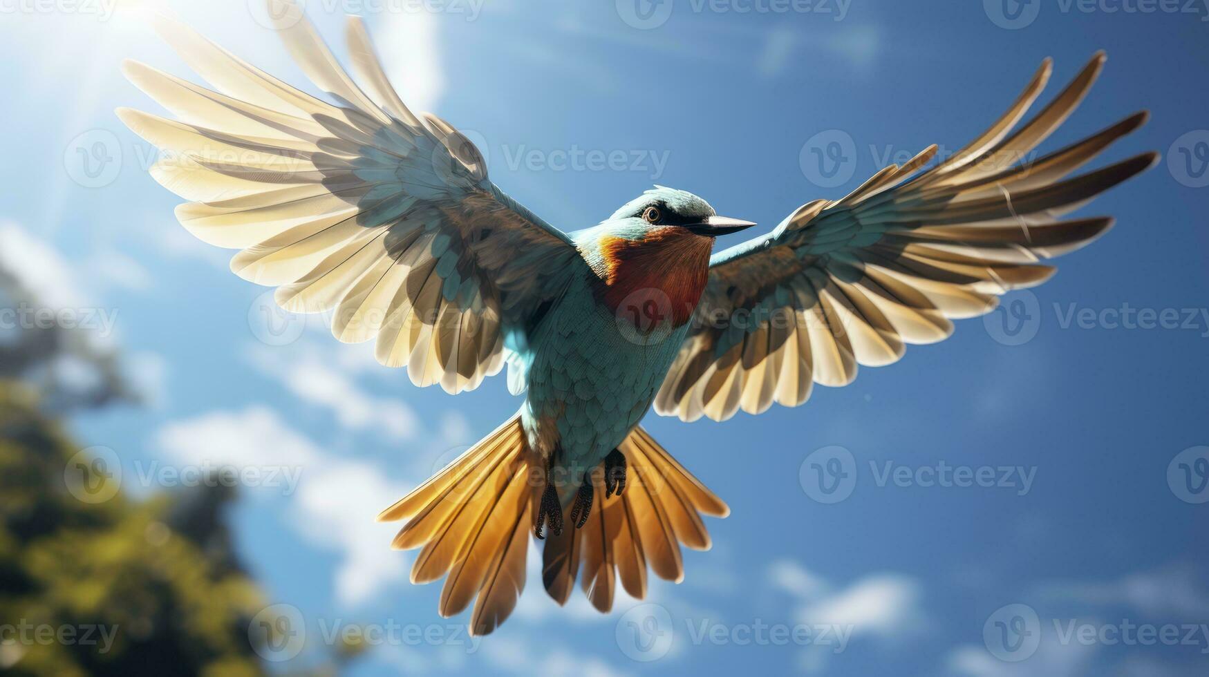 The grace of wild freedom exotic birds, wings outstretched, soar against the sky, exhibiting nature's palette. Generative AI photo