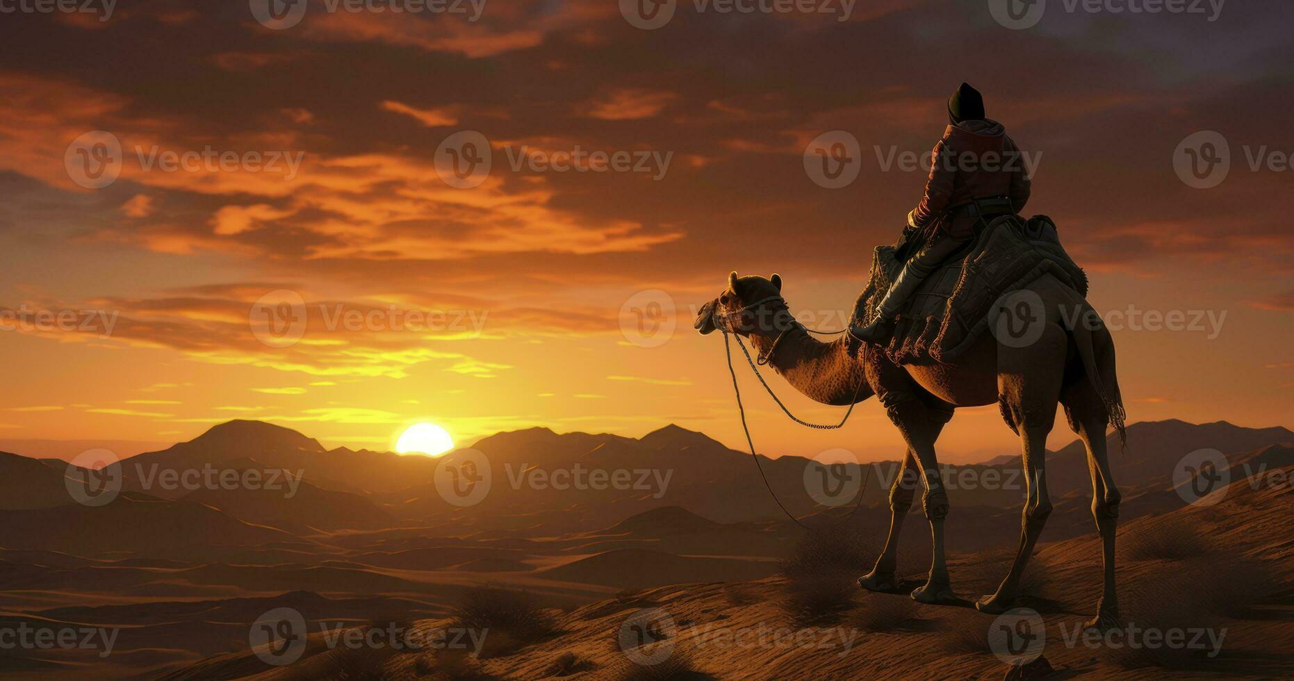 The Desert's Embrace. A Traveler, a Camel, and the Dance of Sunset. Generative AI photo