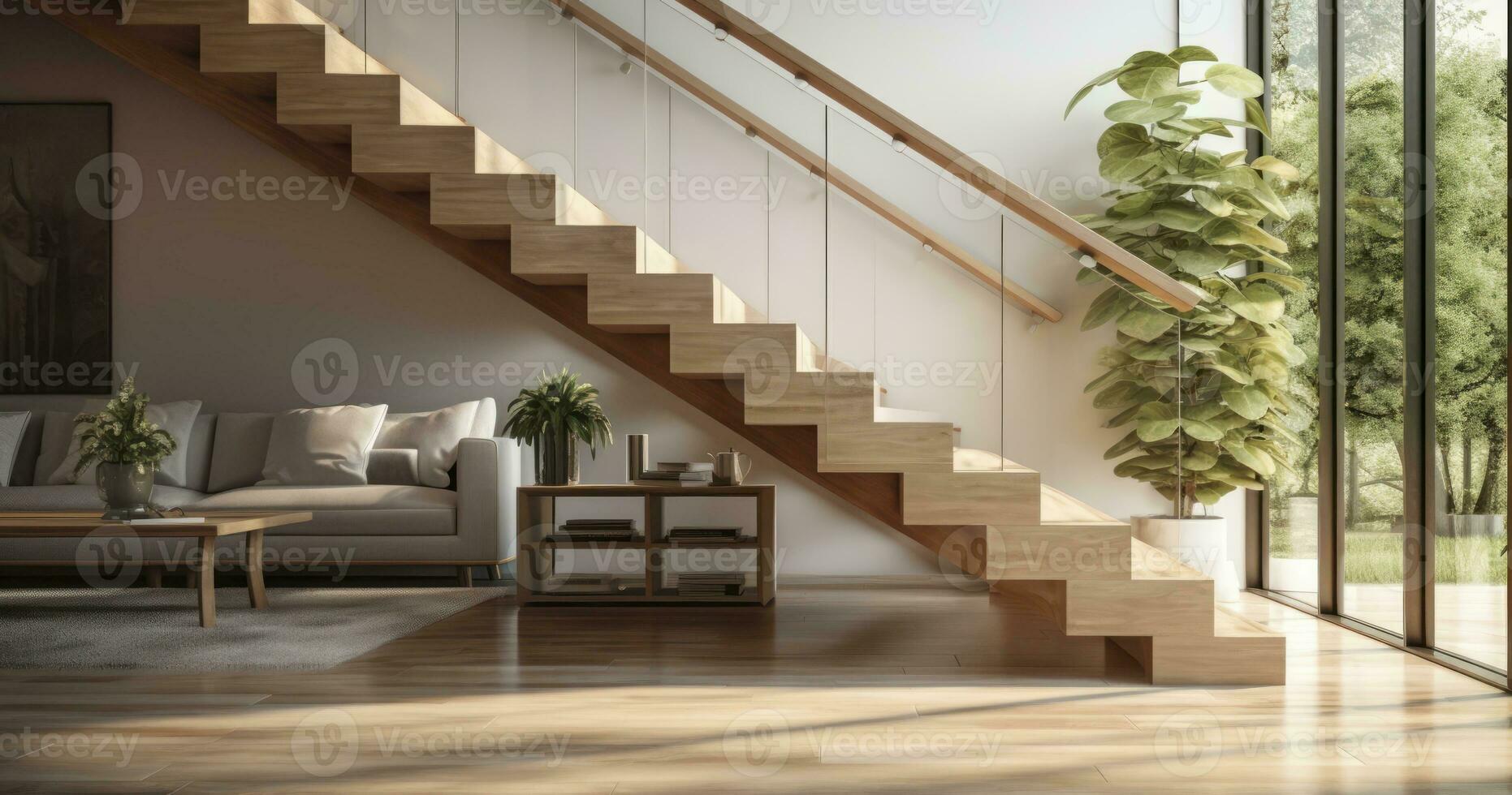 contemporáneo escalera diseños para el moderno vivo habitación. generativo ai foto