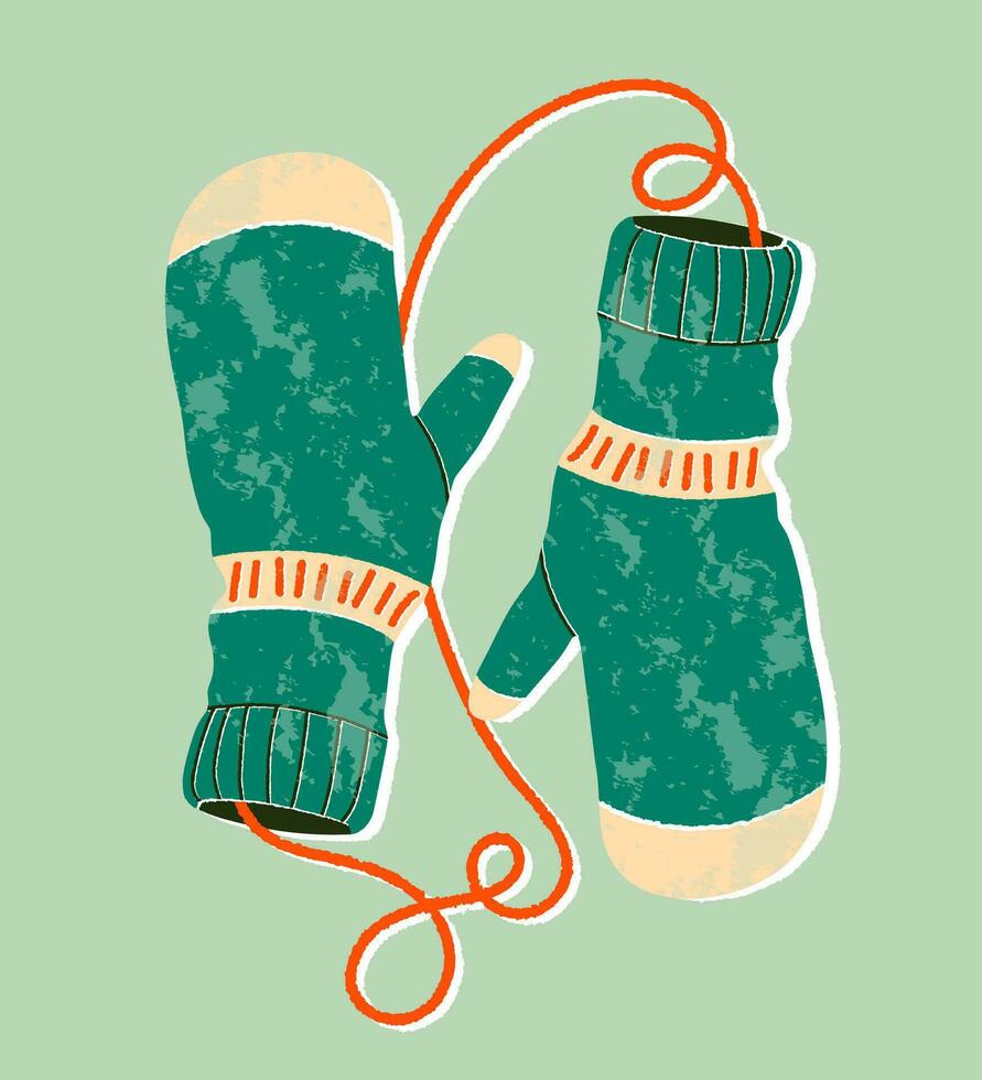 Mittens pair flat cartoon textured illustration. Winter gloves and winter holiday concept. Hand drawn flat holiday symbol. Cute green mittens with ornament. Trendy illustration for print and web. vector
