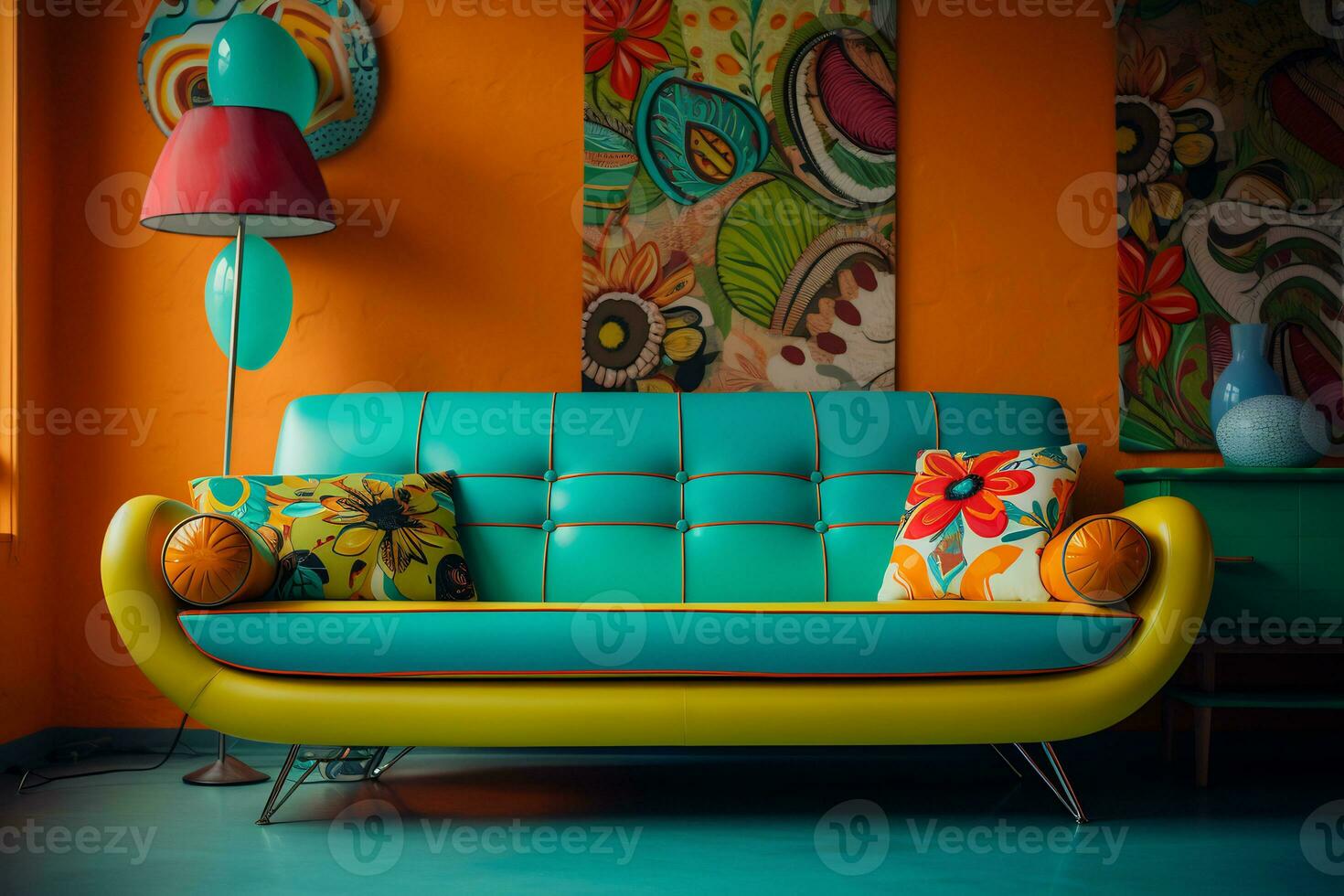 a retro inspired living room a vibrant patterned retro style AI generative photo