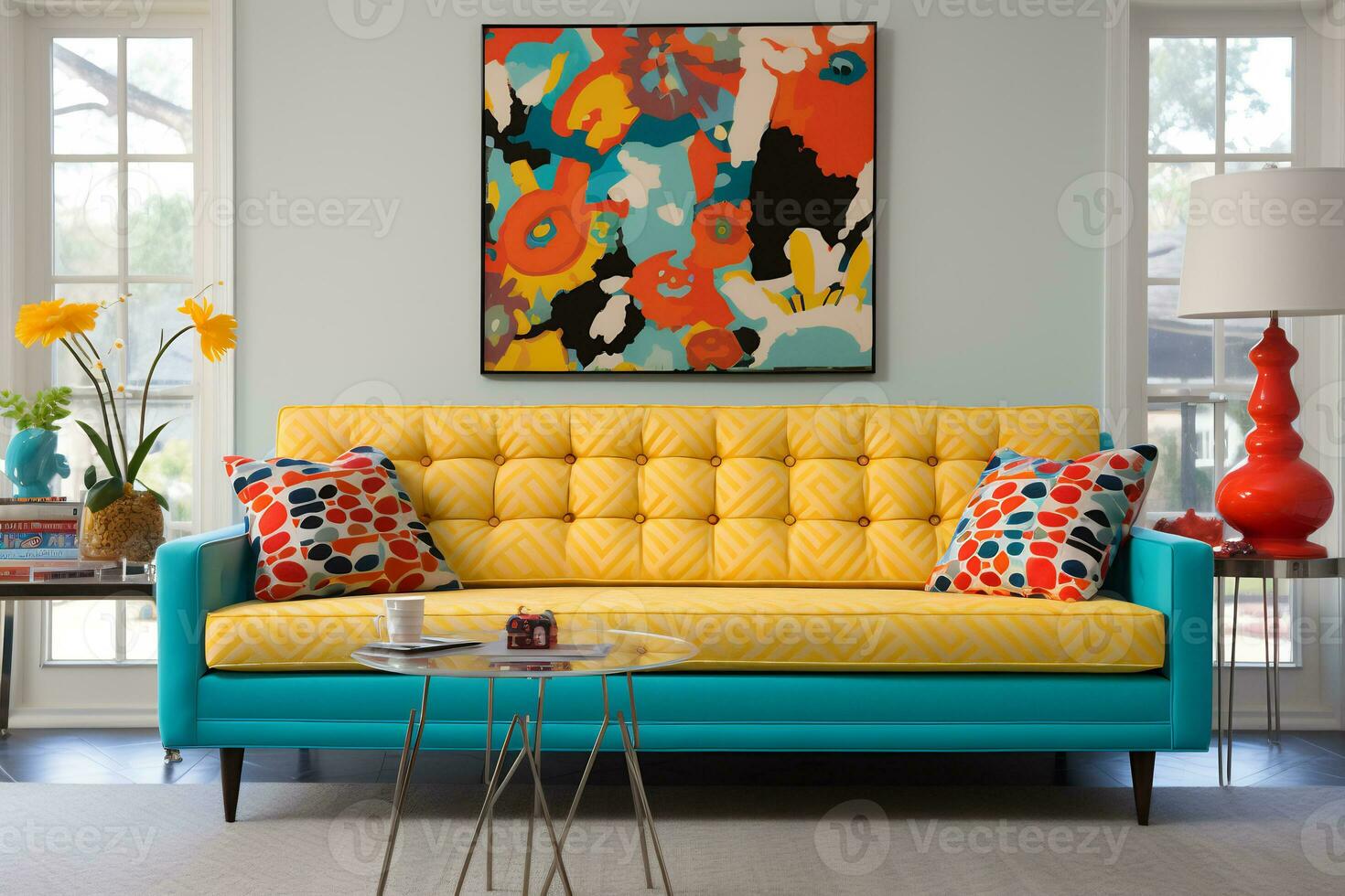 a retro inspired living room a vibrant patterned retro style AI generative photo