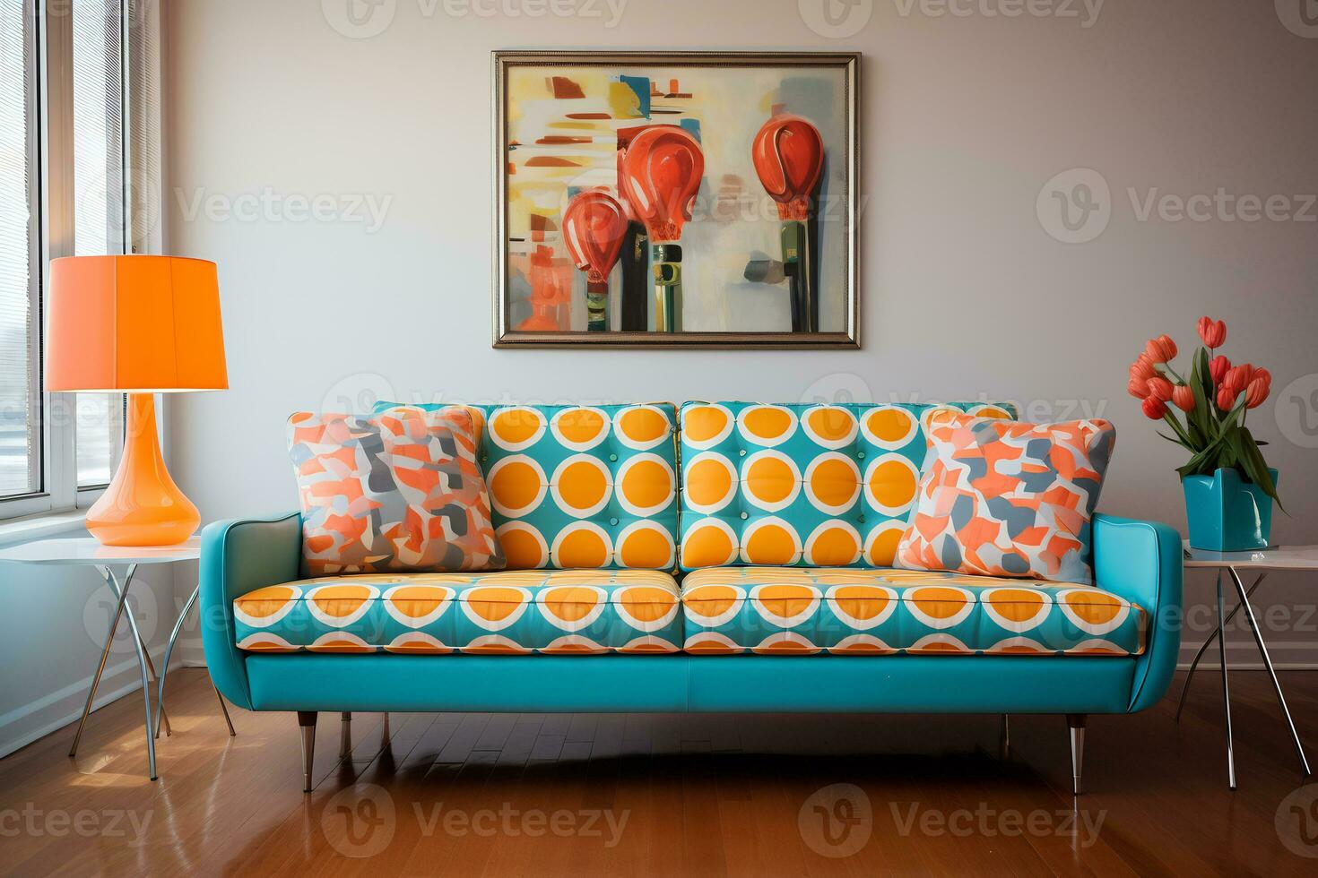 a retro inspired living room a vibrant patterned retro style AI generative photo