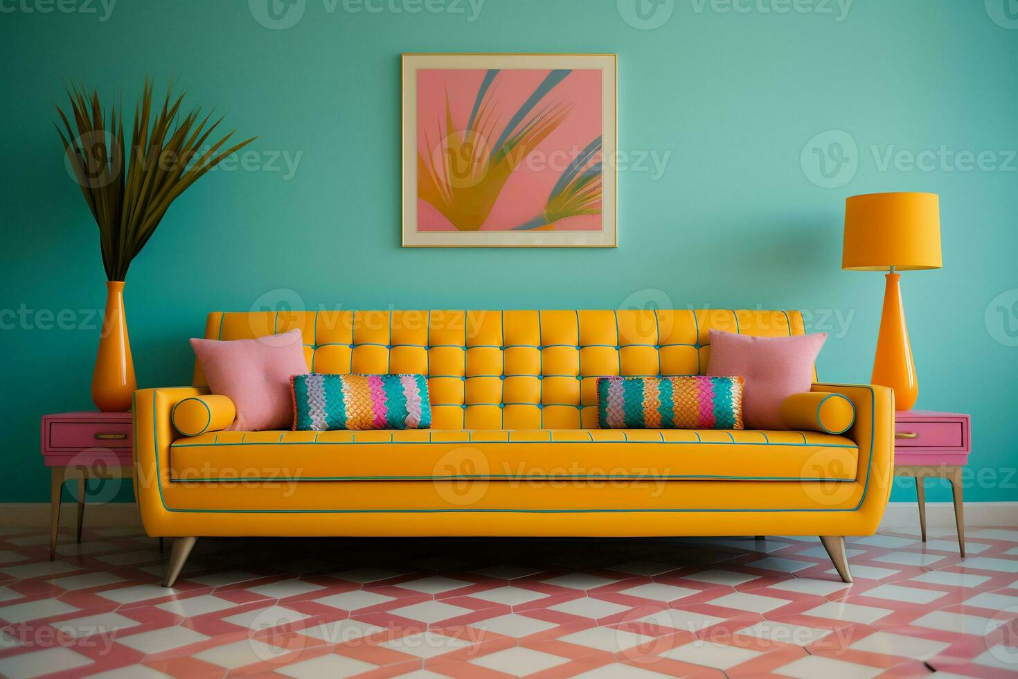 a retro inspired living room a vibrant patterned retro style AI generative photo