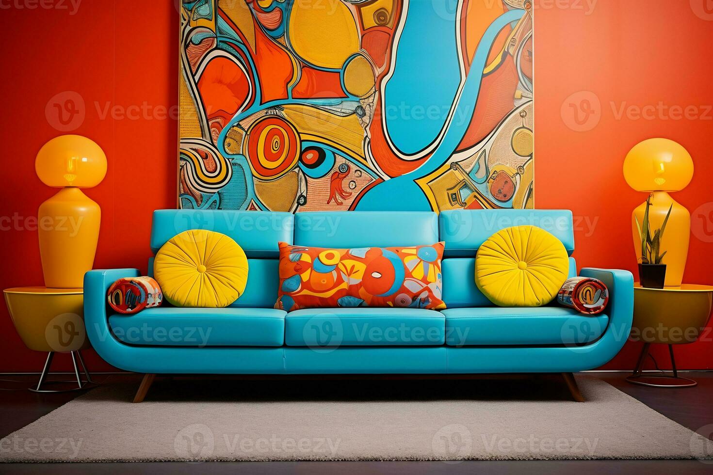 a retro inspired living room a vibrant patterned retro style AI generative photo