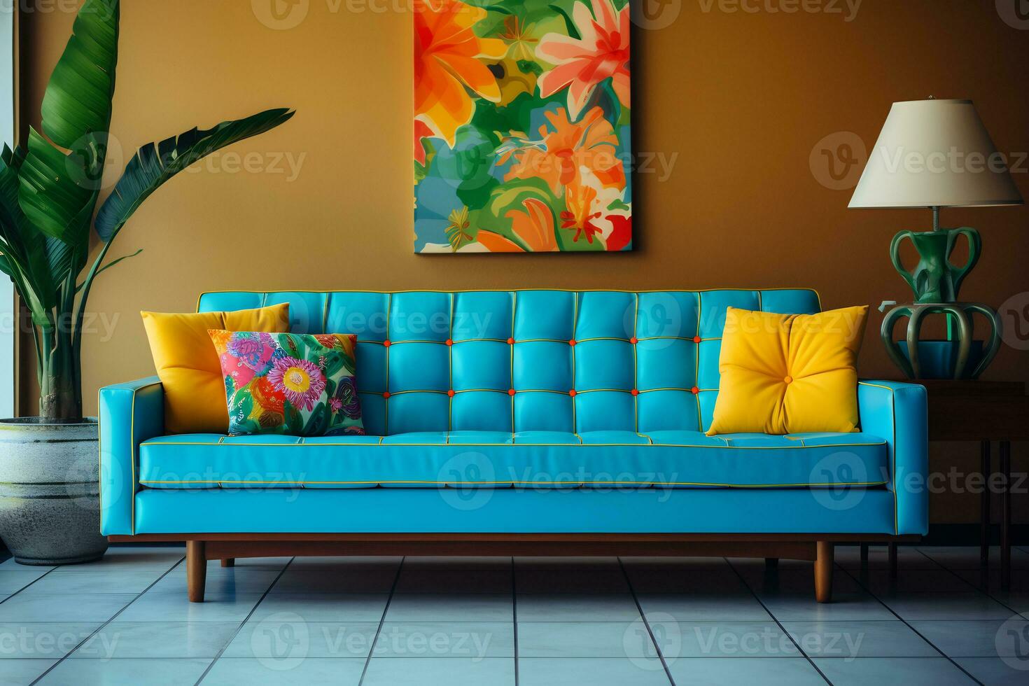 a retro inspired living room a vibrant patterned retro style AI generative photo