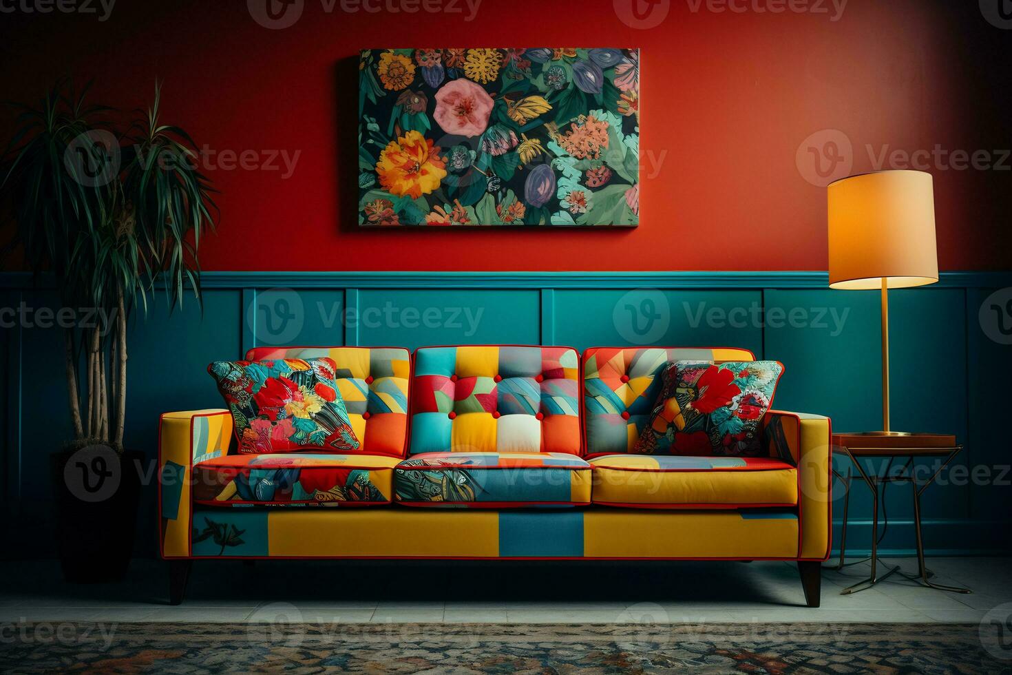 a retro inspired living room a vibrant patterned retro style AI generative photo