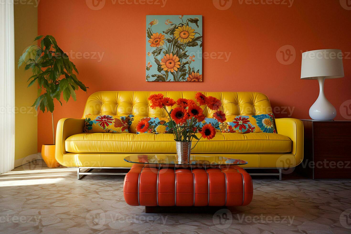 a retro inspired living room a vibrant patterned retro style AI generative photo