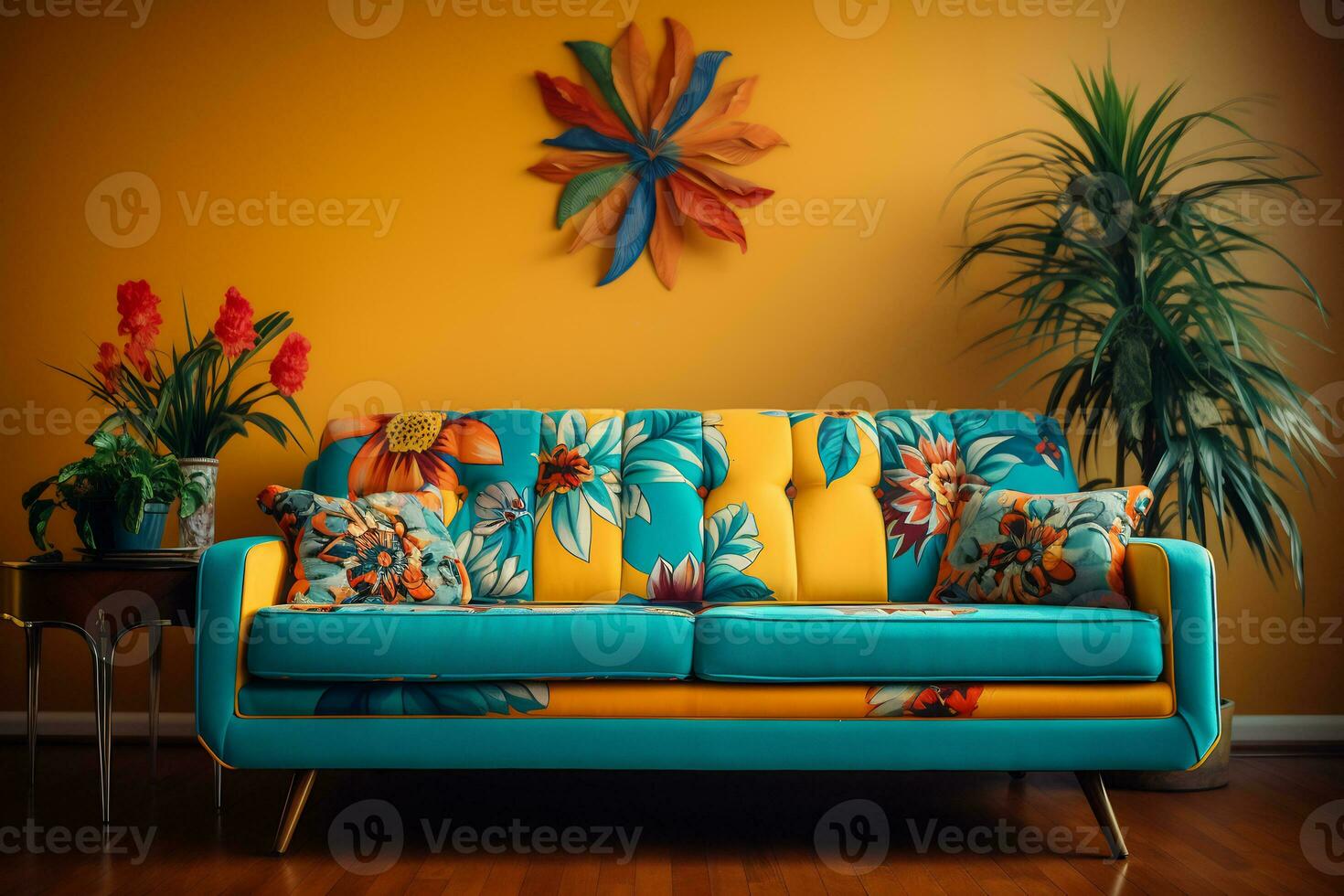 a retro inspired living room a vibrant patterned retro style AI generative photo