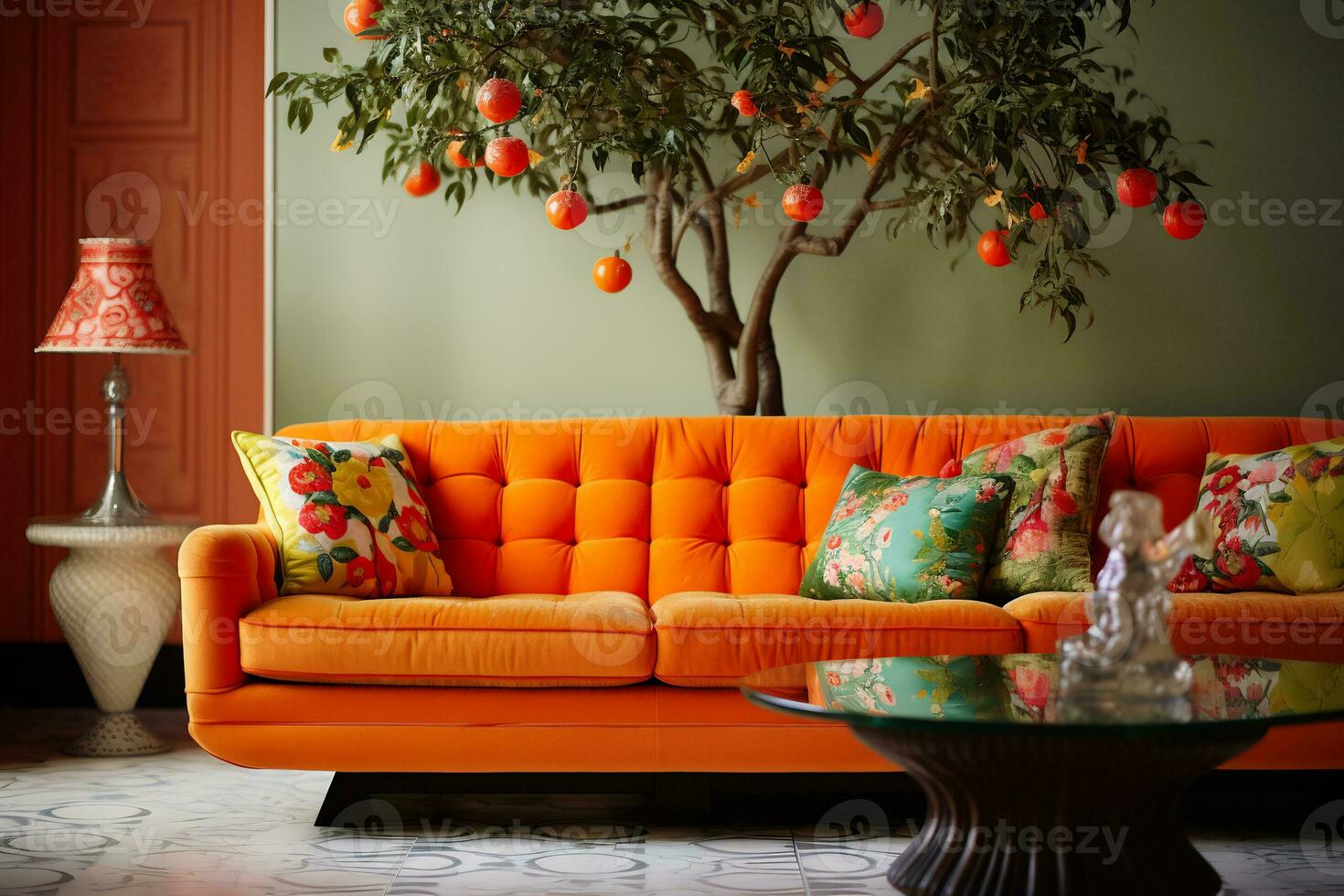 a retro inspired living room a vibrant patterned retro style AI generative photo