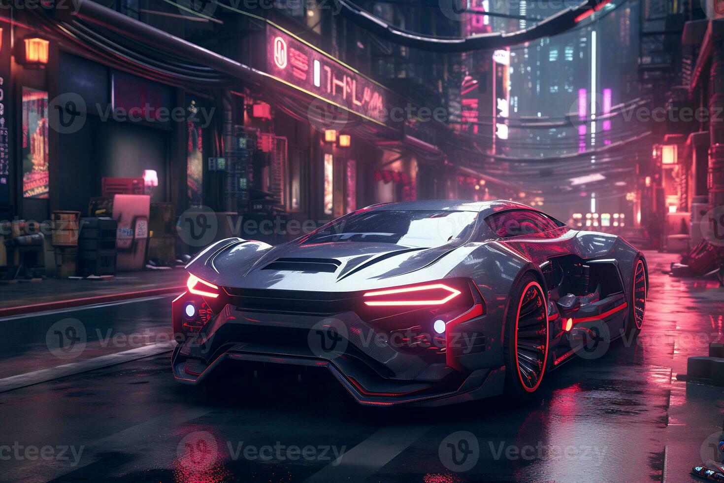 Future cars in a cyberpunk city with sparkling neon lights AI generative photo