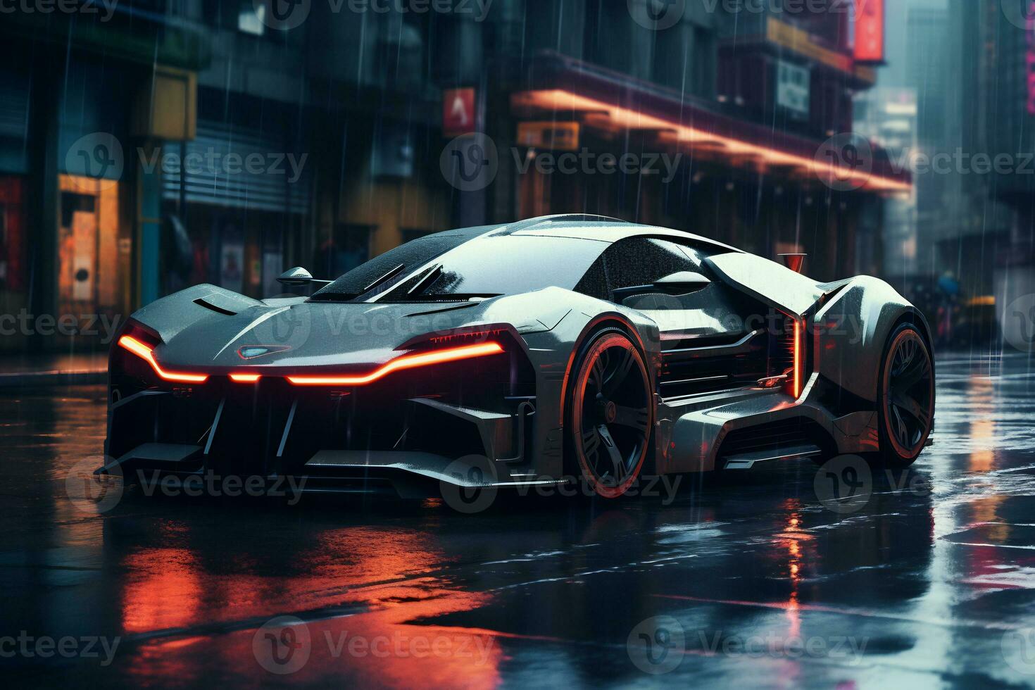 Future cars in a cyberpunk city with sparkling neon lights AI generative photo