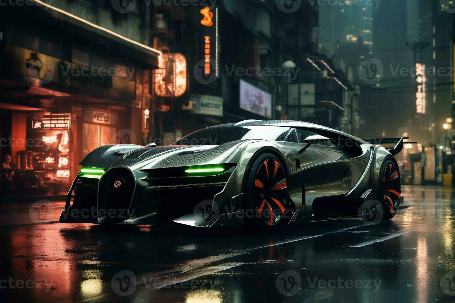 Future cars in a cyberpunk city with sparkling neon lights AI generative photo